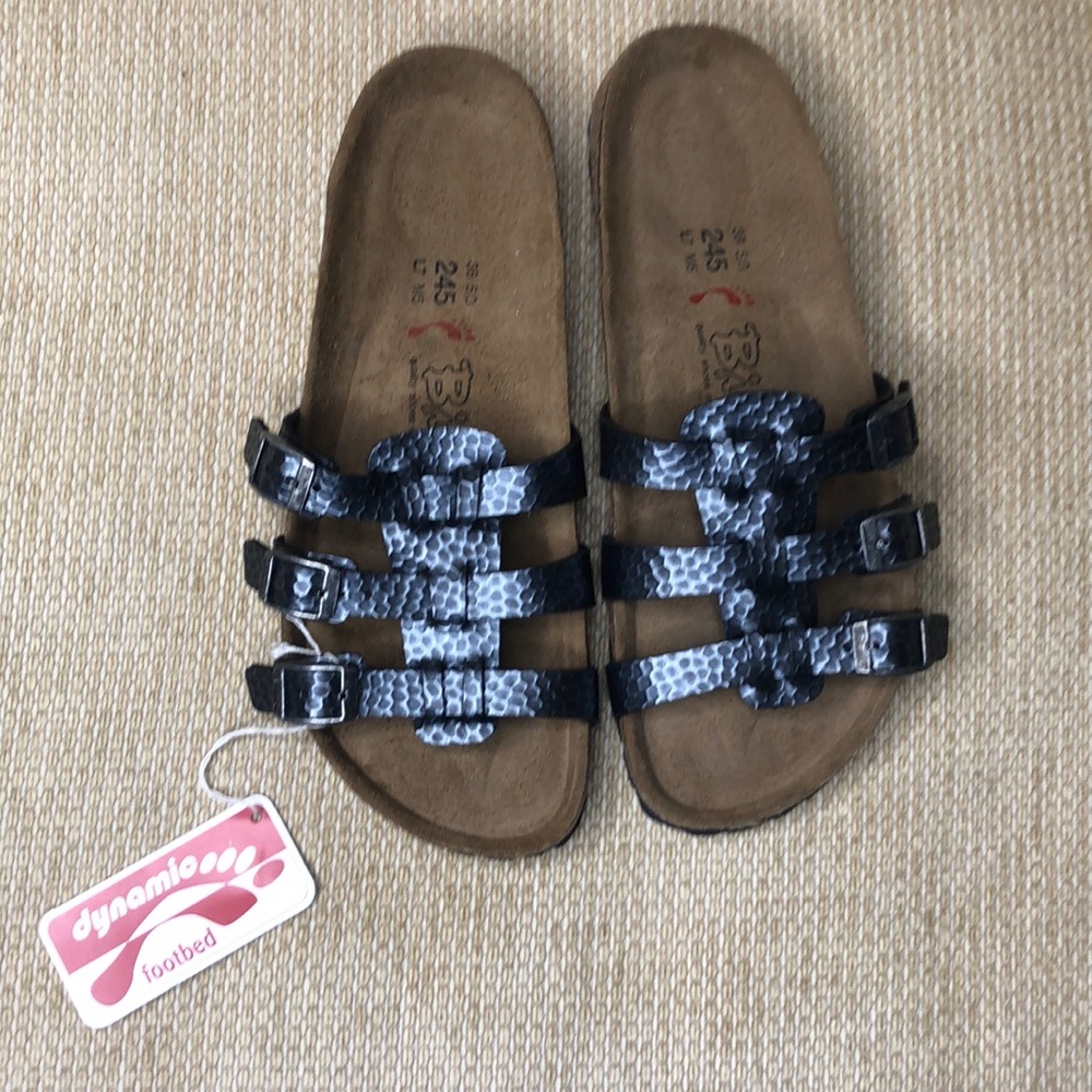 Birkenstock sandals faux leather metallic gray 3 straps size 38